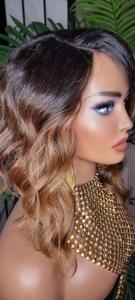 Asymmetrical Bob Hairstyle Wig  Swoop Bang Hair Ombre Brown Honey Blonde Auburn Colored Hair Wig Lace Wig - Beauty Blessings LLC