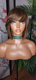 Brown Auburn Bob Hairstyle Brazilian Remy Human Hair Remy Short Hair Swoop Bang Wig Auburn Highlights Full Cap Wig - Beauty Blessings LLC