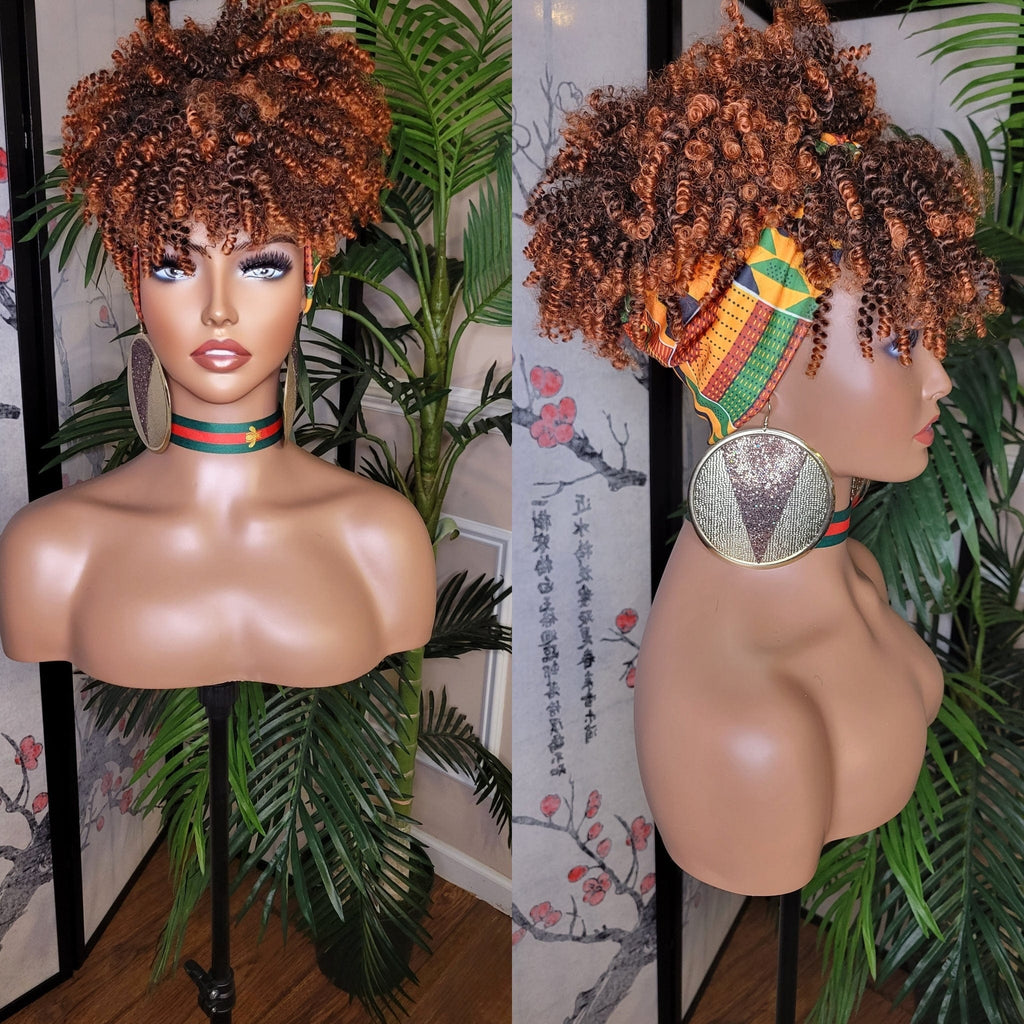 Turban Hair Wig Afro Kinky Puff Bangs Wig Auburn Afro Curly Corkscrew Hair Wrap Wig African Print Head Wrap Wig Afro Puff Hair Bang Wig - Beauty Blessings LLC