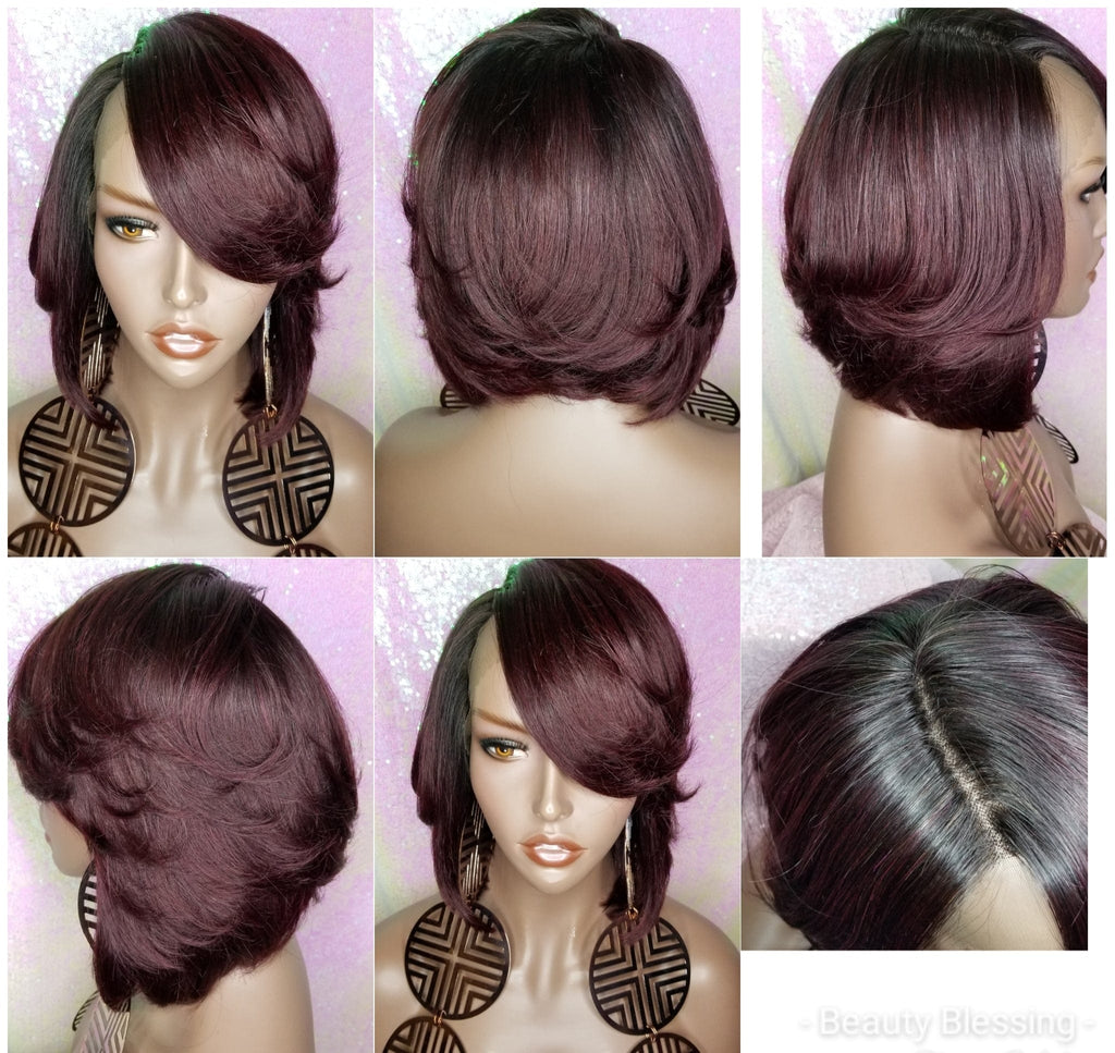 Glueless Brazilian Remy  Lace Front Human Hair Wig Straight Dark Plum Wine 99J Short Bob  - Beauty Blessing Wigs & Hair Extensions Boutique