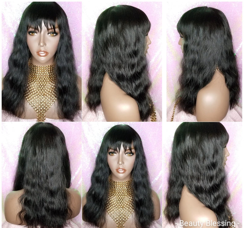 Wig Virgin Brazilian Remy 100% Human Hair Natural Loose Waves Full Wig with Bangs - Beauty Blessing Wigs & Hair Extensions Boutique