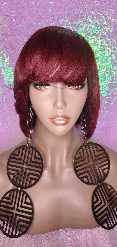 Short Cut Bob Indian Remy 100% Human Hair Wig Swoop Bang Wig Burgundy Hair Bob Wig - Beauty Blessing Wigs & Hair Extensions Boutique