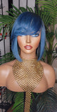 Blue Hair Wig Bob Brazilian Remy Human Hair Short Hair Bob Hairstyle Swoop Bang Hair Full Cap Wig - Beauty Blessings LLC