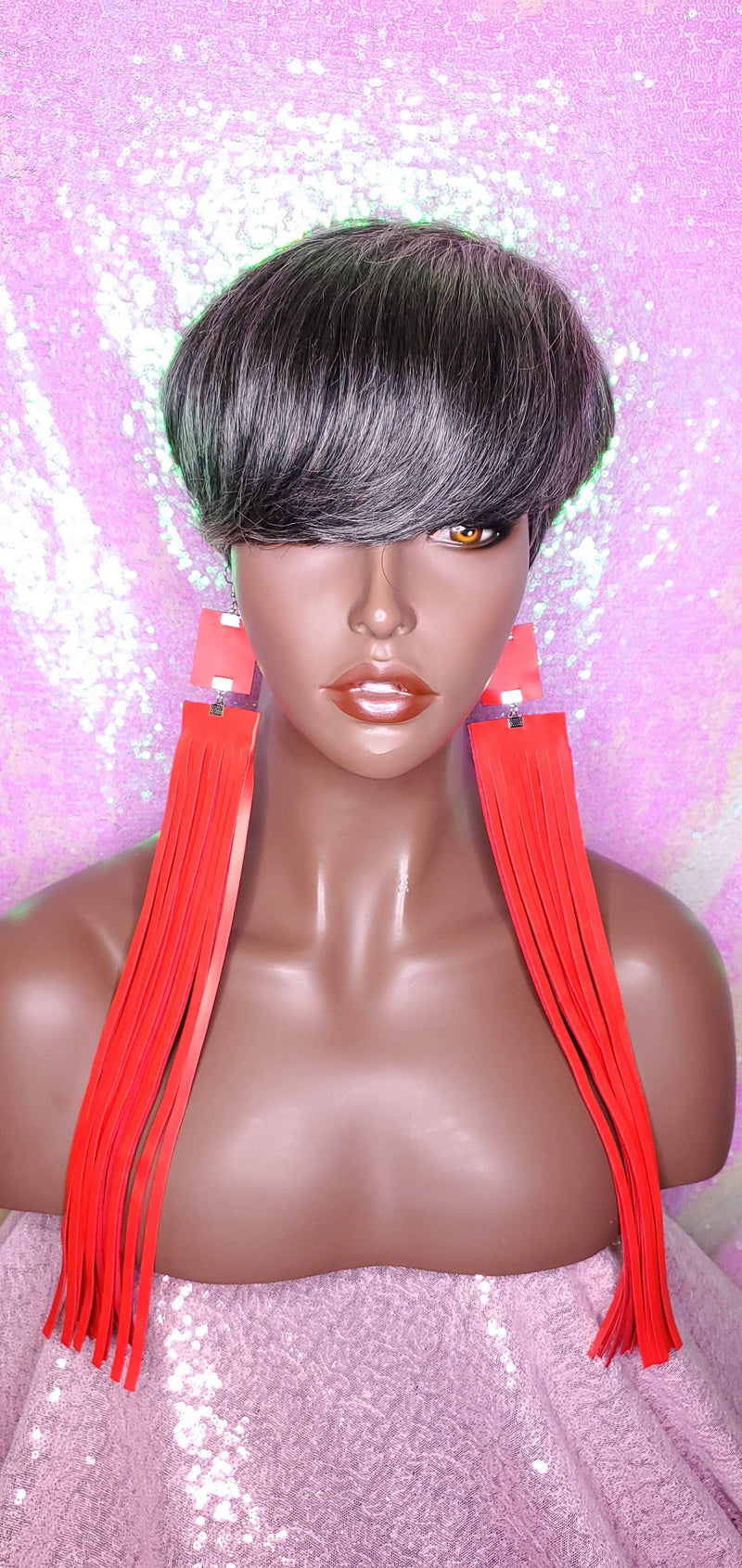Salt Pepper Gray Hair Wig Swoop Bang Pixie Cut Indian Remy Human Hair Wig Colored Gray Hair Wig - Beauty Blessing Wigs & Hair Extensions Boutique