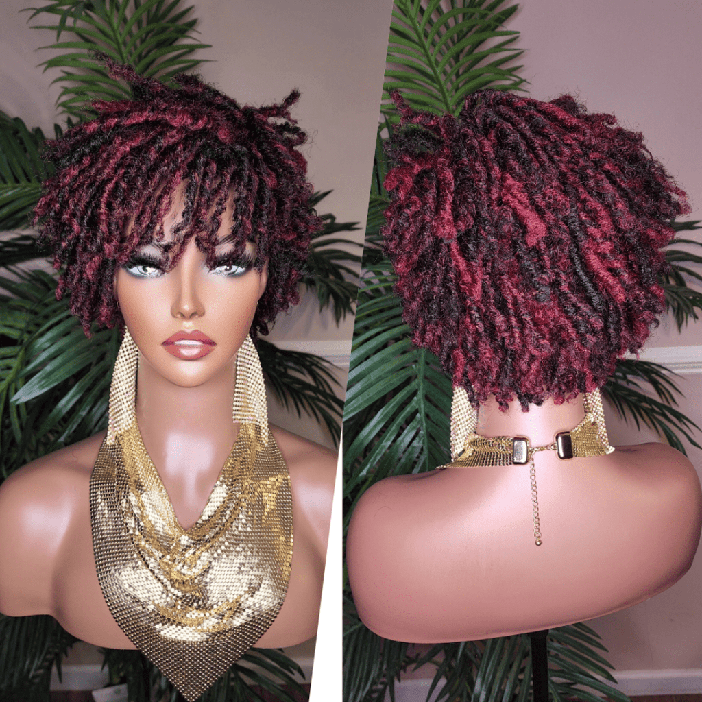 Burgundy Hair Afro Short Pixie Cut Kinky Coily Twist Coil Dread Lock Natural Style Wig Burgundy Rum Black Mix Color Hairstyle Wig - Beauty Blessings LLC