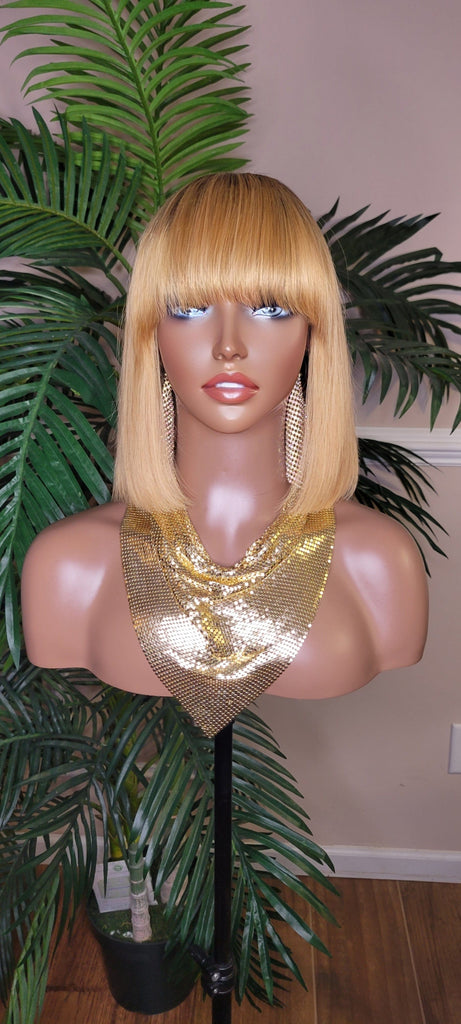 Strawberry Blonde Short Bob Bang Brazilian Remy 100% Human Hair Wig Razor Cut Bob Hairstyle Bang Wig - Beauty Blessings LLC