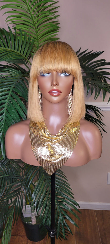 Strawberry Blonde Short Bob Bang Brazilian Remy 100% Human Hair Wig Razor Cut Bob Hairstyle Bang Wig - Beauty Blessings LLC