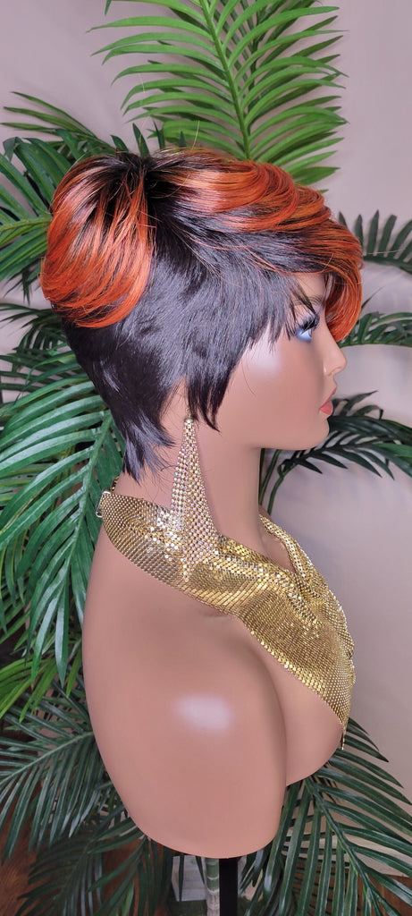 Copper Color Wig  Swoop Bang Wig Short Cut Celebrity Inspired Pixie Cut Hair Wig with Swooo Bangs and Layers Color Shown Off Black Ombre Copper Bang - Beauty Blessings LLC