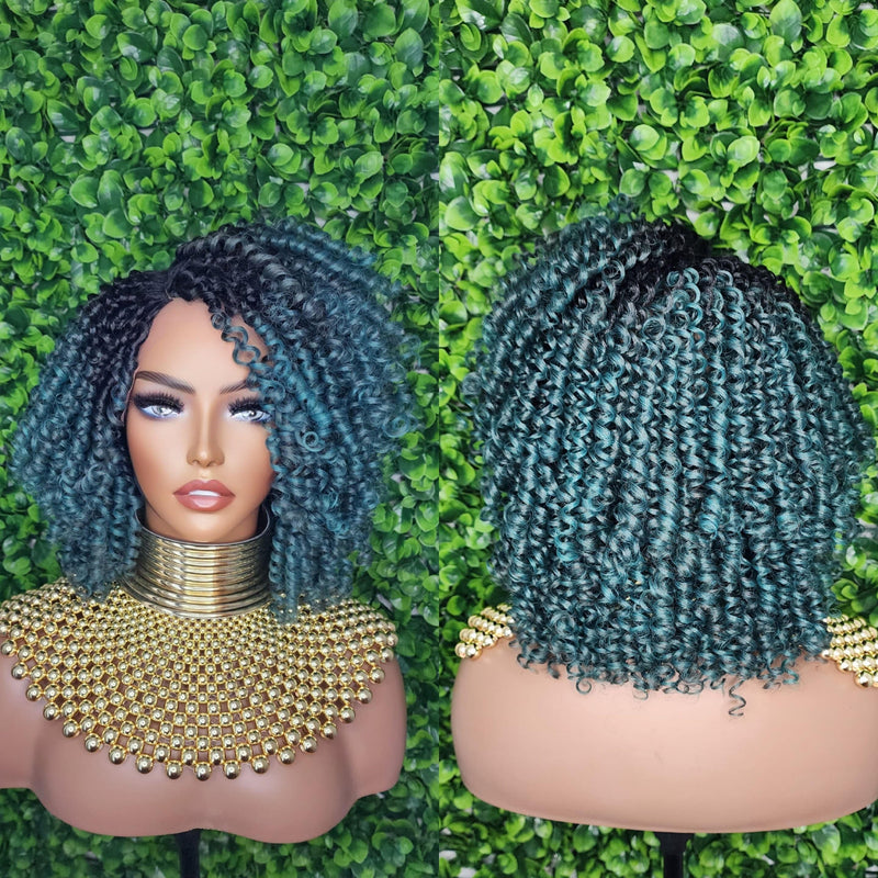 Green Hair Wig Kinky Twist Hair Side Part Lace Front Lace Part Wig Natural Hairline Kinky Curly Hairstyle Wig - Beauty Blessings LLC