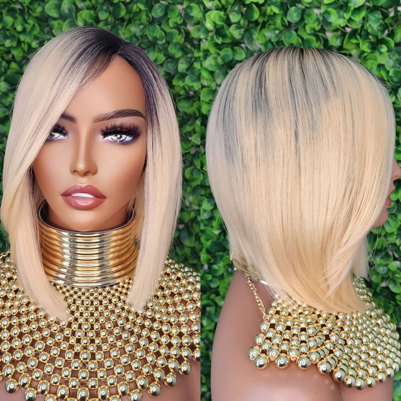 Pixie Cut Bob Hairstyle Razor Cut Swoop Bang Glueless Lace  Wig Full Cap Wig Ombre Black Brown Auburn Mix - Beauty Blessings LLC