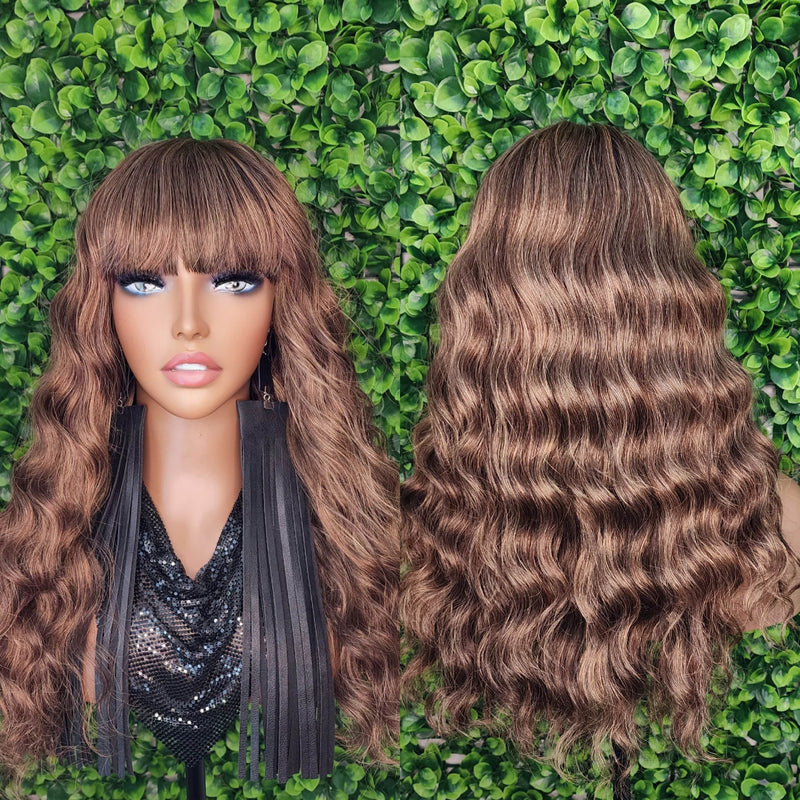 Wig Deep Wave Hair Full Wig with Bangs Strawberry Blonde Auburn Brown Mox Straight Bang Hairstyle Glueless Wig - Beauty Blessings LLC