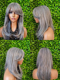 Silver Gray Ombre Wig | Long Straight Synthetic Hair with Swoop Bang - Beauty Blessings LLC