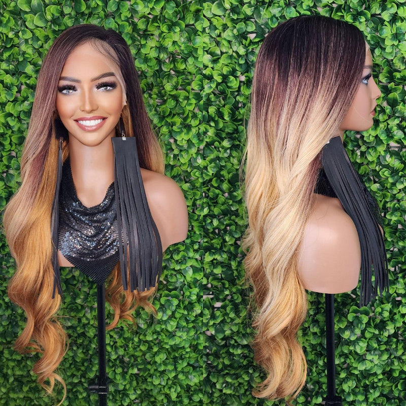 Strawberry Blonde Loose Wave 360 Lace Frontal Wig Glueless Human Hair Blend Lace Wig Ombre Blonde Brown Wig Flexible Parting Lace front Wig - Beauty Blessing Wigs & Hair Extensions Boutique