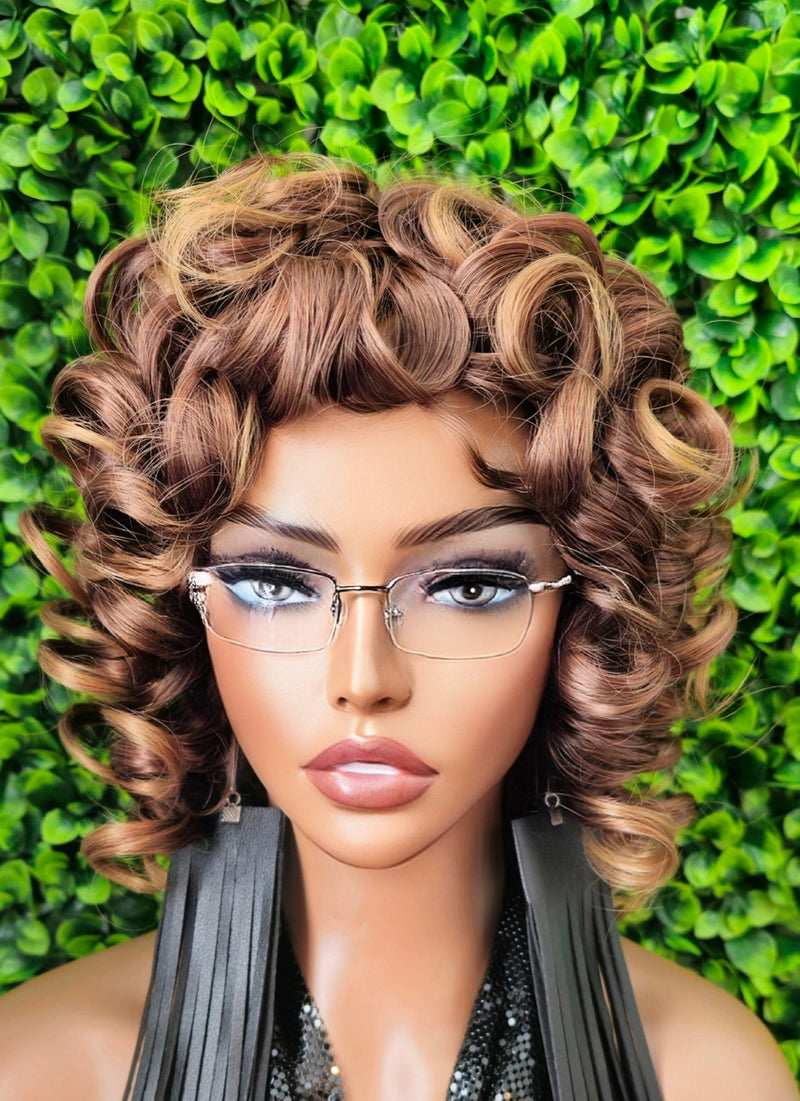 Brown Strawberry Blonde Curly Wig, Big Spiral Curls, Fashion Wig