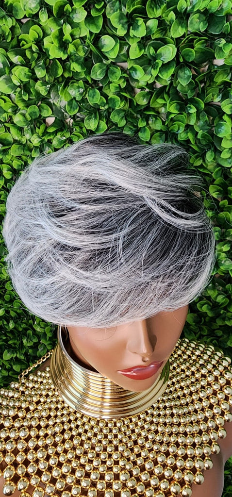 Salt and Pepper Gray Wig With Bangs Pixie Cut Swoop Bang Short Silver Light Gray Wigs For Women