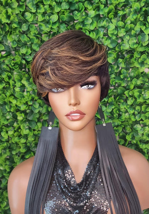 Strawberry Blonde Wig Swoop Bang Pixie Cut Wigs Mixed Blonde Black Short Layered Straight Hair Wig For Women For Daily Wear