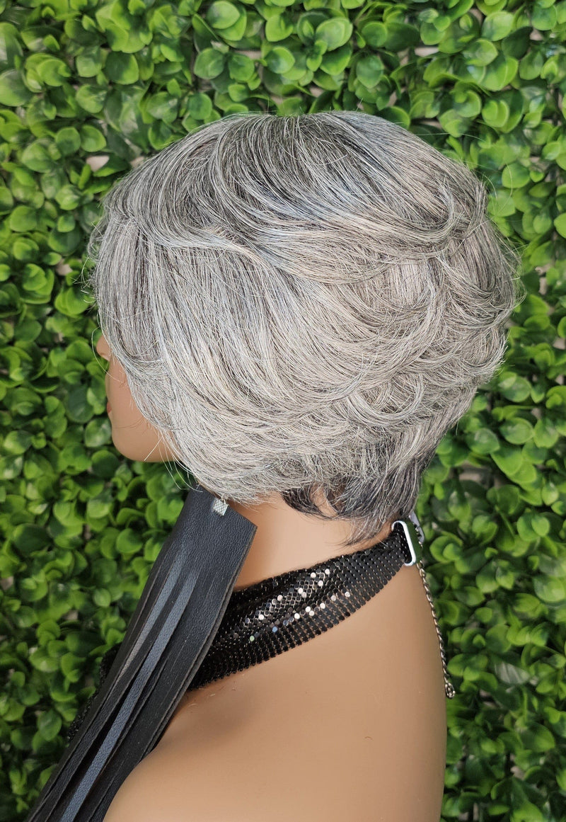 Salt and Pepper Wig Pixie Cut Gray Human Hair Blend Bob Wig Dark Silver Gray Hair Glueless Wig Yaki Hair Texture Wig - Beauty Blessings LLC