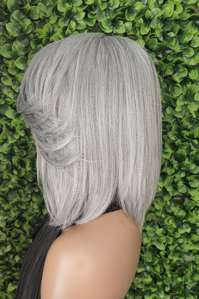 Gray Hair Wig Short Cut Hair Straight Bob Hairstyle Layered Hair Bob Wig with Bangs Dark Salt Pepper Wig - Beauty Blessings LLC