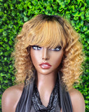 Strawberry Blonde Deep Wave Pixie Bob Wig with Bangs Brazilian Remy 100% Human Hair Glueless Full Cap Wig