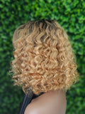 Strawberry Blonde Deep Wave Pixie Bob Wig with Bangs Brazilian Remy 100% Human Hair Glueless Full Cap Wig
