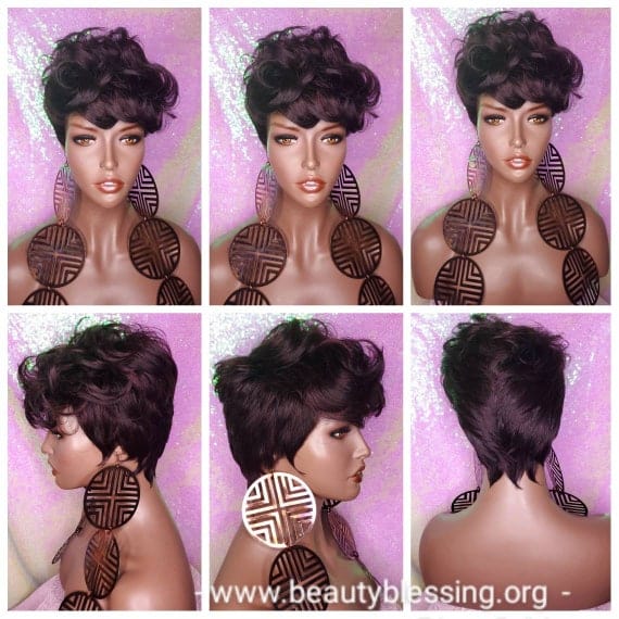 Mohawk Hair Messy Swoop Bang Curly Choppy Cut Pixie Cut Short Hairstyle Full Cap Wig - Beauty Blessings LLC