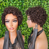 Dark Brown Deep Curl Pixie Cut Brazilian Remy 100% Human Hair Glueless Wig Natural Lightweight Bouncy Short Curly Wig