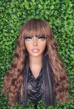 Wig Deep Wave Hair Full Wig with Bangs Strawberry Blonde Auburn Brown Mox Straight Bang Hairstyle Glueless Wig