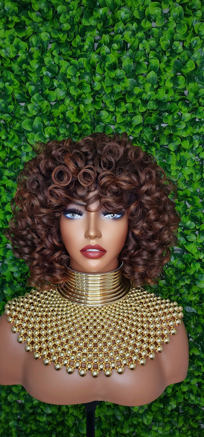 Bob Curl Wig Big Layered Curly Brown Auburn Hair Wig Bouncy Curl Full Fashion Wig with Bangs High Quality Hair - Beauty Blessings LLC