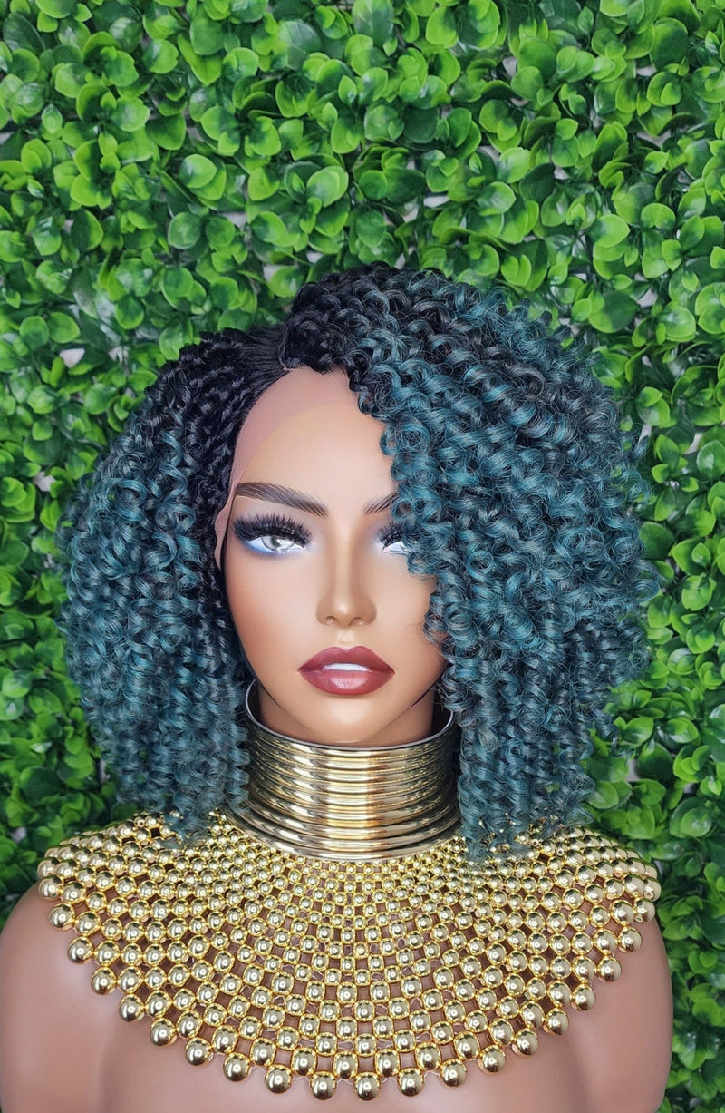 Green Hair Wig Kinky Twist Hair Side Part Lace Front Lace Part Wig Natural Hairline Kinky Curly Hairstyle Wig - Beauty Blessings LLC