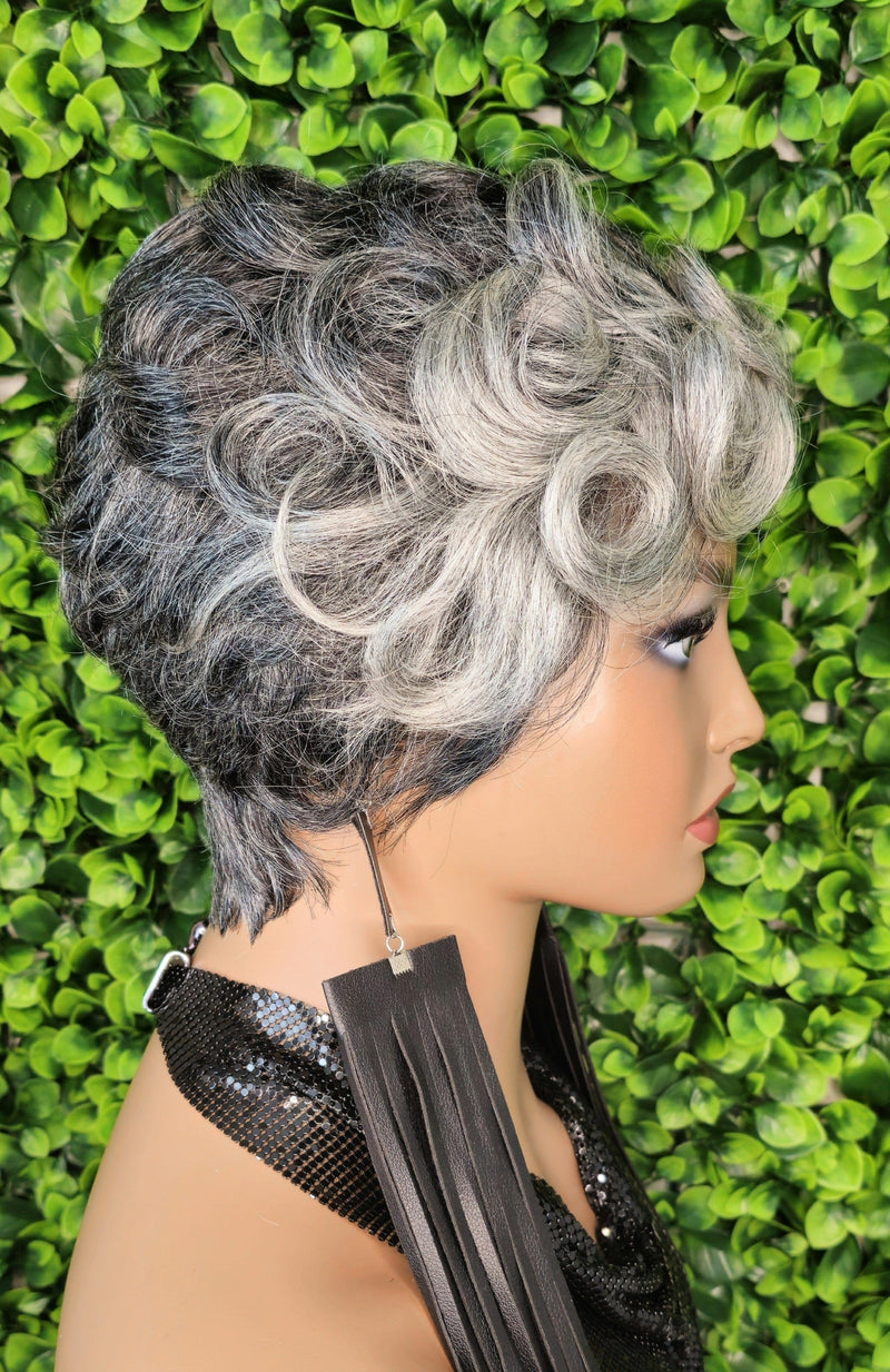 Salt and Pepper Wig Pixie Cut Gray 100%Human Hair Wig Dark Silver Gray Mix Pin Curl Hair Sassy Cut Glueless Wig Yaki Hair Texture Wig - Beauty Blessings LLC