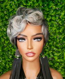 Salt and Pepper Wig Pixie Cut Gray 100%Human Hair Wig Dark Silver Gray Mix Pin Curl Hair Sassy Cut Glueless Wig Yaki Hair Texture Wig