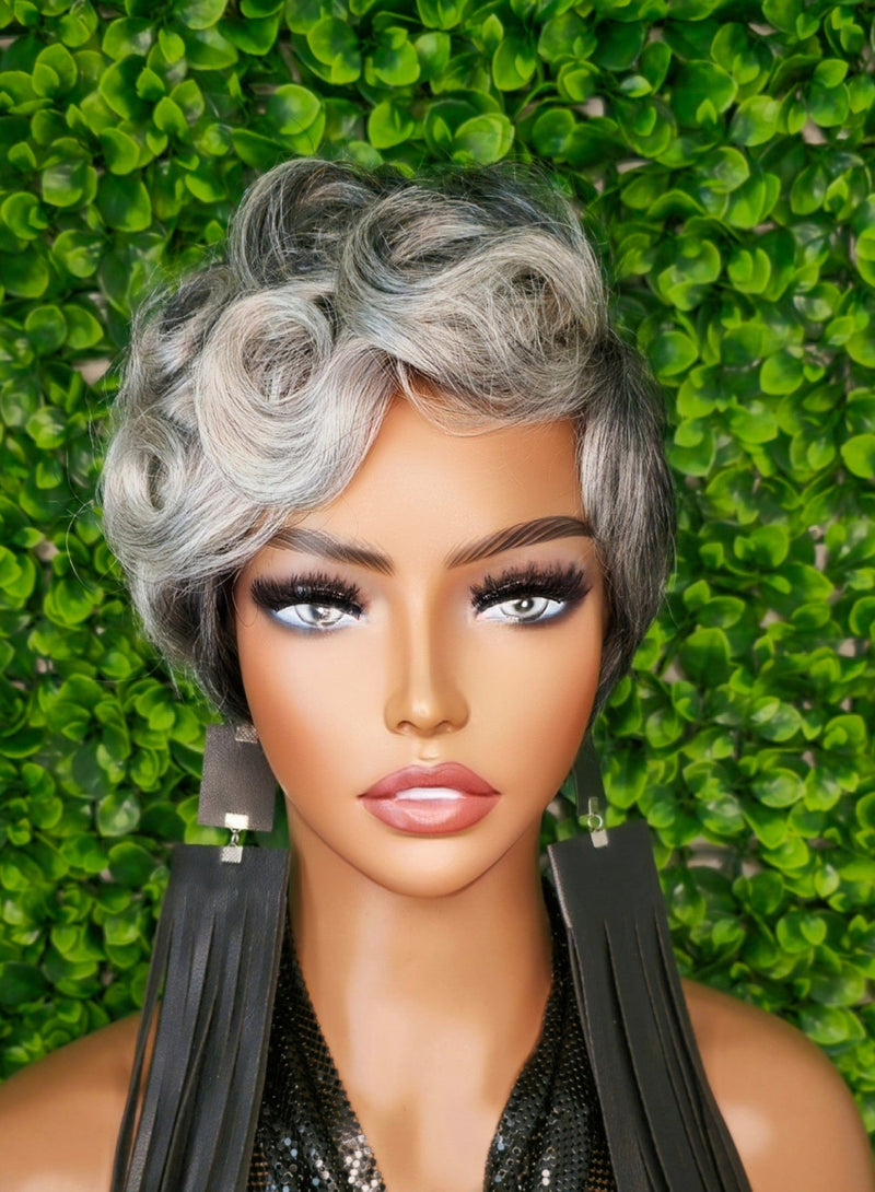 Salt and Pepper Wig Pixie Cut Gray 100%Human Hair Wig Dark Silver Gray Mix Pin Curl Hair Sassy Cut Glueless Wig Yaki Hair Texture Wig - Beauty Blessings LLC