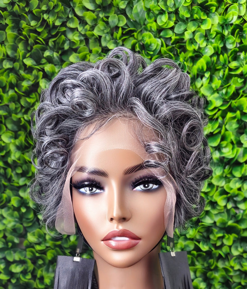 Dark Salt Pepper Pin Curl Lace Front Wig: Soft Short Curly Pixie Cut - Beauty Blessings LLC