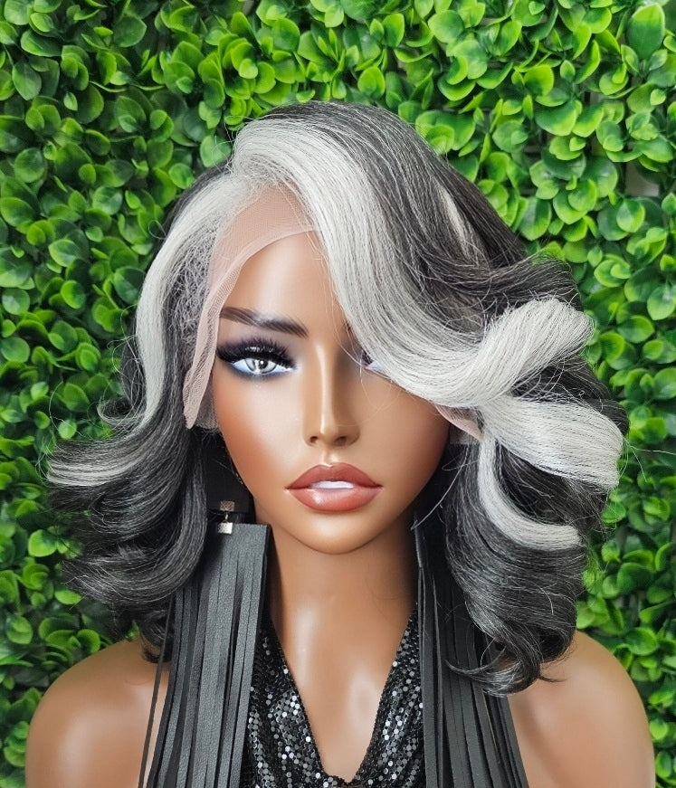 Body Bob Curl Dark Salt & Pepper Wig: HD Lace Front, Kinky Roller Set Texture