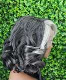 Body Bob Curl Dark Salt & Pepper Wig: HD Lace Front, Kinky Roller Set Texture