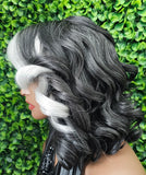 Body Bob Curl Dark Salt & Pepper Wig: HD Lace Front, Kinky Roller Set Texture