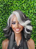 Body Bob Curl Dark Salt & Pepper Wig: HD Lace Front, Kinky Roller Set Texture