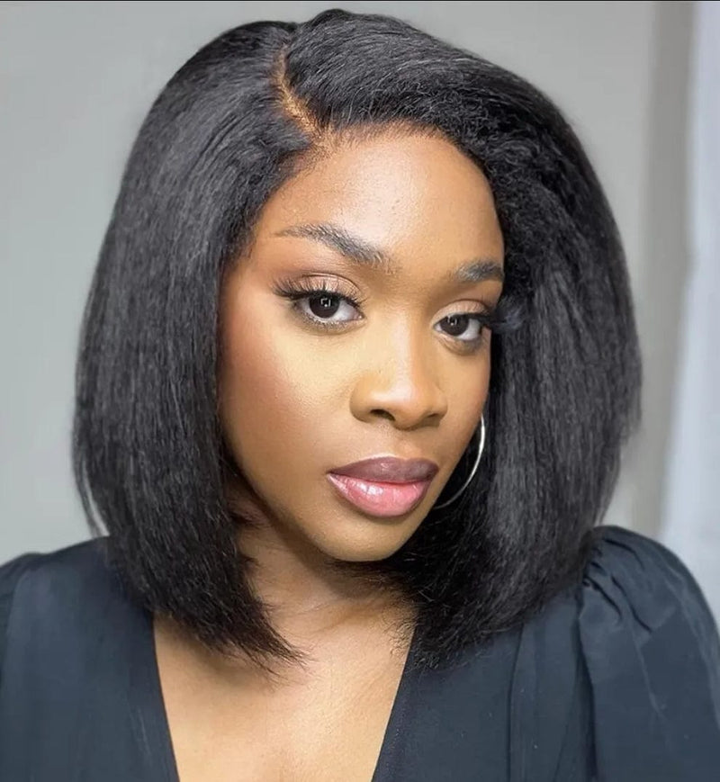 Peruvian Remy Italian Yaki Bob Human Hair Lace Wig Kinky Straight Bob Hair Glueless Lace Front Bob Wig Natural Hairline Lace Wig - Beauty Blessings LLC