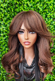 Long Layered Curl Wig: Dark Brown Chocolate Auburn Yaki Hair, Curtain Bangs, 20-Inch