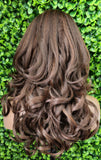 Long Layered Curl Wig: Dark Brown Chocolate Auburn Yaki Hair, Curtain Bangs, 20-Inch