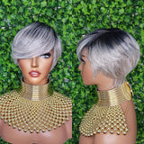 Swoop Bang Pixie Cut Wig Gray Brown Mix Short Style Wig Salt Pepper Gray Hair Wig