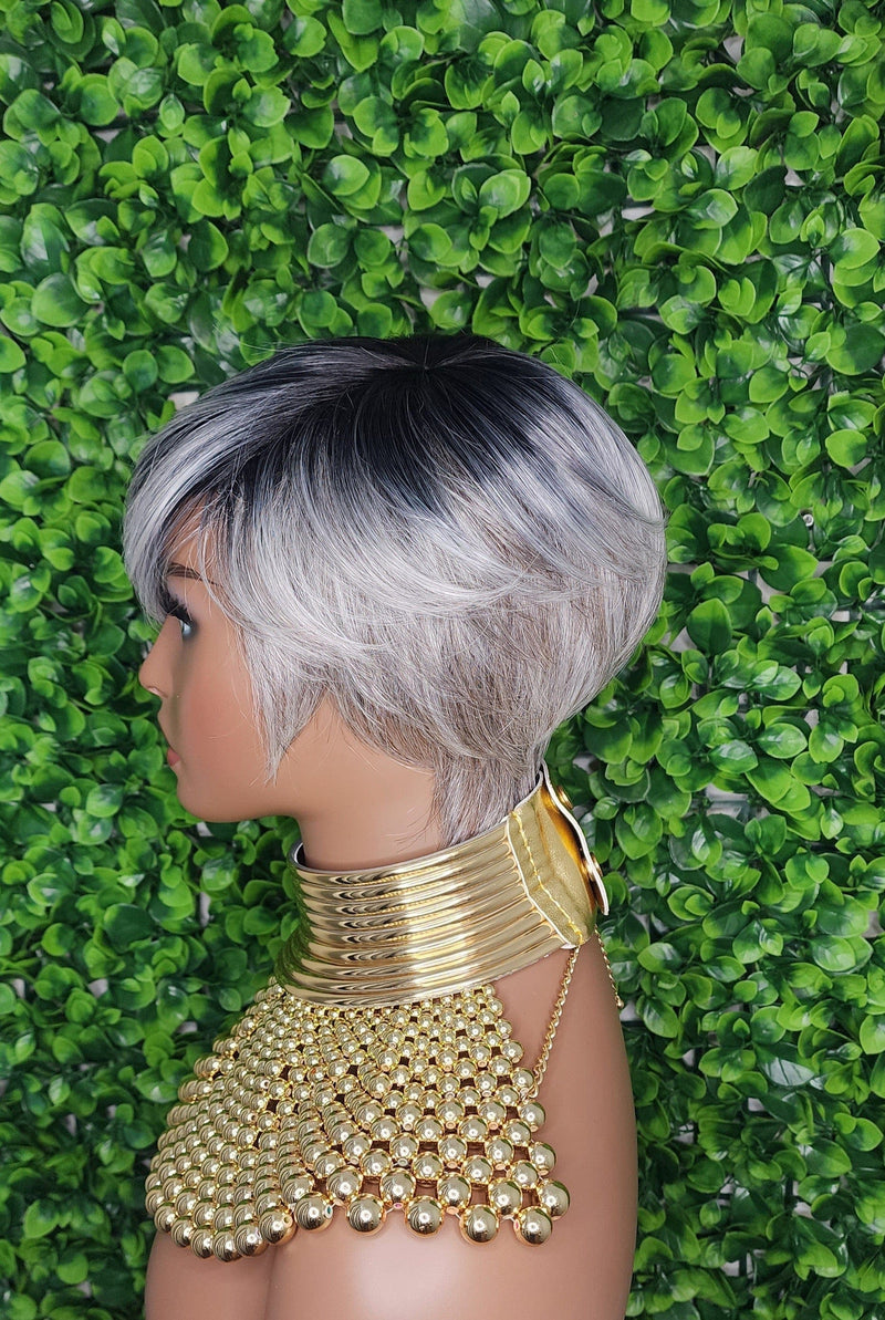 Swoop Bang Pixie Cut Wig Gray Brown Mix Short Style Wig Salt Pepper Gray Hair Wig - Beauty Blessings LLC