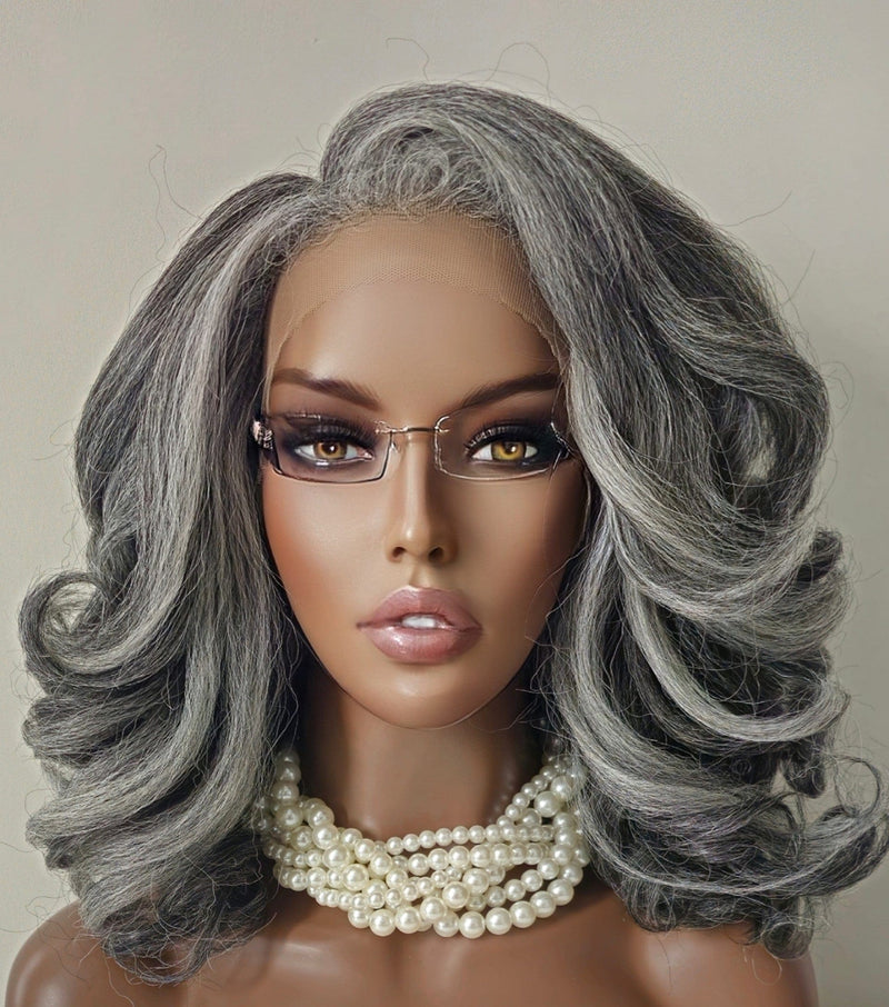 Salt & Pepper Loose Curl Wig: Yaki Loose Curl Wig HD Lace Front Wig Natural Black Salt Pepper Wig, Textured Gray Wig for Black Women - Beauty Blessings LLC