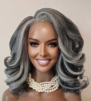 Salt & Pepper Loose Curl Wig: Yaki Loose Curl Wig HD Lace Front Wig Natural Black Salt Pepper Wig, Textured Gray Wig for Black Women