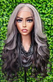 Long Dark Gray Lace Front Wig – Salt and Pepper Mix Body Wave, HD Lace