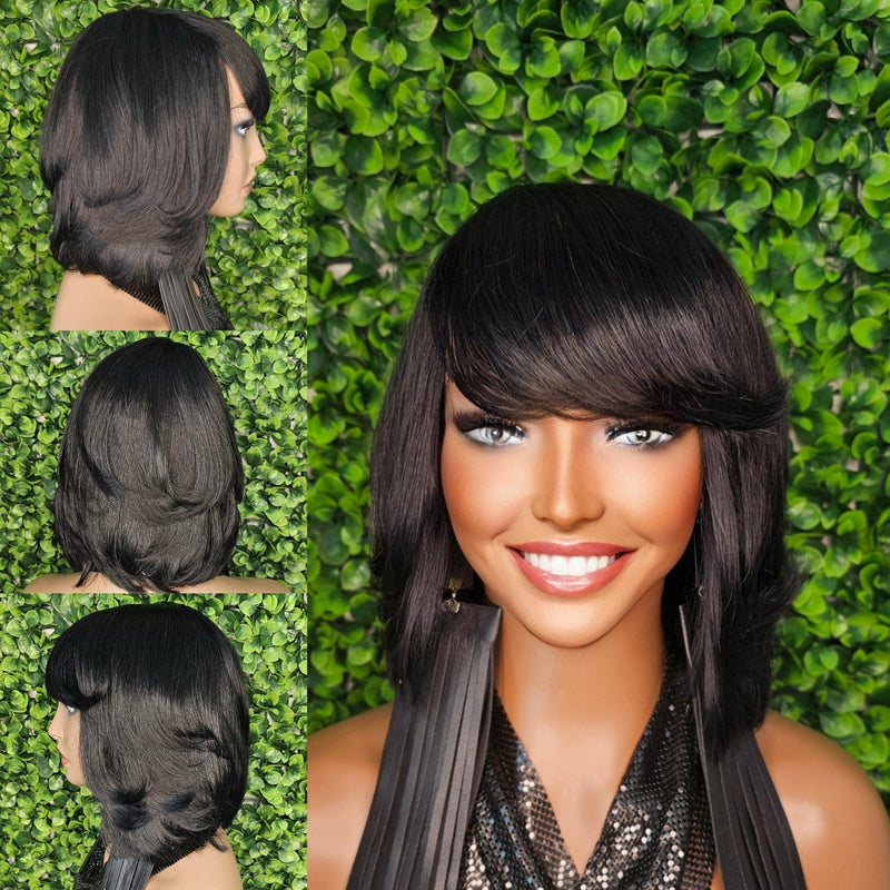 Gray Bob 100% Human Hair Wig Peruvian Remy Short Cut Hair Straight Bob Hairstyle Layered Hair Bob Wig with Bangs Dark Salt Pepper Wig - Beauty Blessings LLC