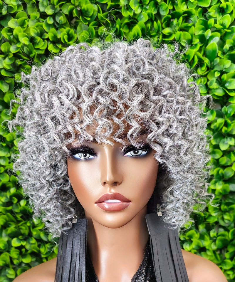 Mannequin head with gray curly wig against a green leafy background