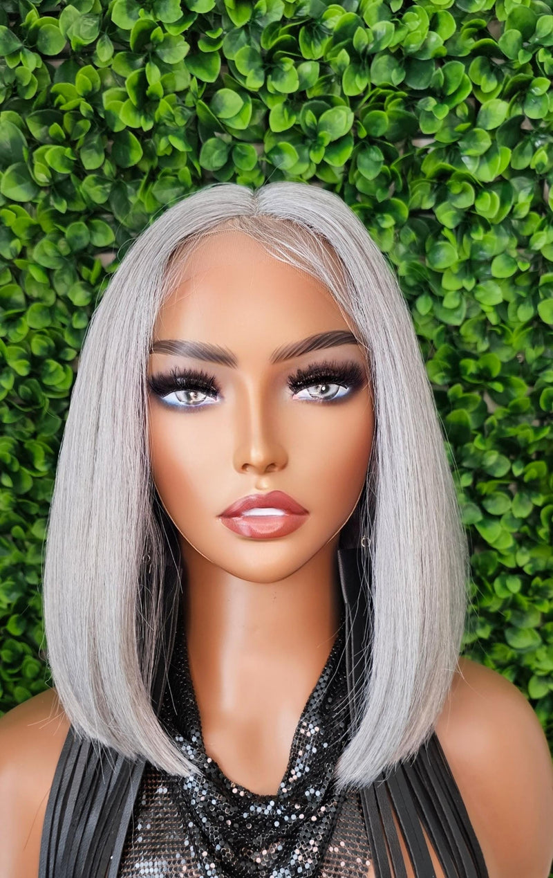 Salt and Pepper Wig Glueless Lace Front Wig Bob Light Gray Wig Straight Middle Part Wig Short Gray Bob Hairstyle Lace Wig - Beauty Blessings LLC