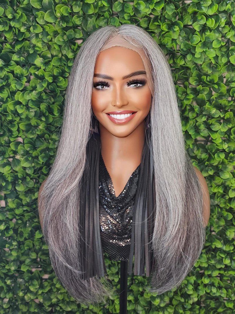Dark Salt Pepper Gray Lace Front Wig Yaki Straight Hair Wig Gray Hair White Hair Silver Long Hair Natural Mix Grey Hair Longer Version - Beauty Blessings LLC