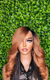 Auburn Reddish Brownish Lace Front Wig Mix Afro Blowout Yaki Texture Side Part Swoop Bang HD Lace Glueless Wig Loose Curl Natural Hair Wig